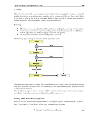 Web Design  Development – CS506 VU 
© Copyright Virtual University of Pakistan 
269 
3. Destroy 
The web server may decide to remove a previously loaded servlet instance, perhaps because it is explicitly 
sked to do so by the server administrator, or perhaps servlet container shuts down or the servlet is idle for 
e, or may be the server is overloaded. Before it does, however it calls the servlets destroy() 
method. This makes it a perfect spot for releasing the acquired resources. 
Summary 
ƒ is constructed and initialized. The initialization can be performed inside of init() method. 
ƒ e() method that may decide to call further 
methods depending upon t ype (Generi TTP specific) 
ƒ s down, Servlet is destroyed and garbage is collected 
The following figure can help to summarize the life cycle of the Servlet 
a 
a long tim 
A Servlet 
Servlet services zero or more requests by calling serviche Servlet tc or H 
Server shut The web sever creates a servlet instance. After successful creation, the servlet enters into initialization phase. 
Here, init() method is invoked for once. In case web server fails in previous two stages, the servlet instance 
is unloaded from the server. 
After initialization stage, the Servlet becomes available to serve the clients requests and to generate response 
accordingly. Finally, the servlet is destroyed and unloaded from web server. 
Reading HTML Form Data Using Servlets 
In the second part, the required concepts and servlet technology is explored in order to read HTML form 
data. To begin with, let’s first identify in how many ways a client can send data 
 