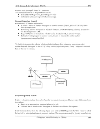 Web Design  Development – CS506 VU 
© Copyright Virtual University of Pakistan 
282 
resource at the given path passed as a parameter. 
wo important methods of RequestDispatcher are: 
sponse resp) 
sponse resp) 
RequestDispatcher: forward 
Charact rward methods are: 
ƒ It allows esource (Servlet, JSP or HTML file) in the 
same Se 
ƒ Forward res.sendRedirect(String location). You can not 
see the chang 
ƒ ct is available to the called resource. In other words, it remains in scope. 
ƒ arding request to another source, headers or status codes can be set, but 
tent cannot be added. 
To clarify the co User initates the request to servlet1. 
servlet1 forwards the request to servlet2 by calling forward(request,response). Finally a response is returned 
back to rvlet2. 
T 
ƒ forward(ServletRequest req, ServletRe ƒ include(ServletRequest req, ServletRe 
eristics of fo 
a Servlet to forward the request to another rrvlet context. 
ing remains transparent to the client unlike es in the URL. 
Request Obje 
Before forwoutput con 
ncepts, lets take the help from following figure. 
the user by se 
RequestDispatcher: include 
It allows a Servlet to include the results of another resource in its response. The two major differences from 
forward are: 
ƒ Data can be written to the response before an include 
ƒ The first Servlet which receive the request, is the one which finishes the response 
It will be more cleared from the following figure. User sends a HTTPRequest to Servlet1. Serlet2 is called 
by Servlet1 by using include(request, response) method. The response generated by Servlet2 sends back to 
 