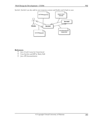 Web Design  Development – CS506 VU 
© Copyright Virtual University of Pakistan 
283 
Servlet1. Servlet1 can also add its own response content and finally send it back to user. 
References: 
ƒ Java A Lab Course by Um 
ƒ Core Servlets an 
ƒ Java API docum 
air Javed d JSP by Marty Hall 
entation  
