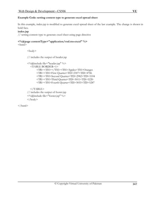 Web Design  Development – CS506 VU 
© Copyright Virtual University of Pakistan 
347 
Example Code: setting content type to generate excel spread sheet 
In d to generate excel spread sheet of the last example. The change is shown in 
bo 
in 
// 
%@page contentType=application/vnd.ms-excel % 
html 
body 
// includes the output of header.jsp 
%@include file=header.jsp % 
 
HTHApplesTHOranges 
irst QuarterTD2307TD4706 
econd QuarterTD2982TD5104 
TRTHThird QuarterTD3011TD5220 
TRTHFourth QuarterTD3055TD5287 
/TABLE 
// includes the output of footer.jsp 
%@include file=footer.jsp % 
/body 
/ 
this example, index.jsp is modifield face. dex.jsp setting content type to generate excel sheet using page directive 
TABLE BORDER=1TRTH/T 
TRTHFTRTHS 
html  