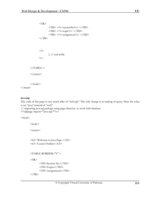 Web Design  Development – CS506 VU 
© Copyright Virtual University of Pakistan 
353 
TR 
TD %=topic% /TD 
TD %=assignment% /TD 
java.jsp 
The code of this page is very much alike of “web.jsp”. The only change is in making of query. Here the value 
is set “java” instead of “web” 
/ imp ith database 
%@page impor 
html 
body 
come o Java 
Outline/ 
TABLE BORDER=1  
THSession No./TH 
THTopics/TH 
/TR 
TD %=sessionNo% /TD 
/TR 
% 
} // end while % 
/TABLE  
/center /body /html 
/orting java.sql package using page directive, to work w 
t=java.sql.*% 
center 
h2 Wel tPage /h2 
h3 Course h3 
TR 
THAssignments/TH  