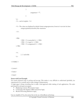 Web Design  Development – CS506 VU 
© Copyright Virtual University of Pakistan 
355 
{ 
assignment = ; 
% 
%-- end of scriptlet --% 
%-- The values are displayed in tabular format usingexpressions, however it can also be done 
usingout.println(sessionNo) like statements 
--% 
TR 
%=sessionNo% /TD 
TD %=topic% /TD 
TD %=assignment% /TD 
/TR 
% 
} // end while 
% 
/TABLE  
/center 
/body 
/html 
and java.jsp. This makes it very difficult to understand (probably you 
enced it by yourself) and to make changes/enhancements. 
A single page is doing everything that is really a bad approach while making of web applications. The tasks 
ts (Presentation logic) 
atabase (DB connectivity logic) 
g (Business Logic) 
answer lies in the use of JavaBeans technology. 
} 
TD 
Issues with Last Example Too much cluttered code in web.jsp 
experi 
performed by web.jspor java.jspare: ƒ Displaying conten ƒ Connecting with d ƒ Results Processin Can we simplify it? Yes, the  