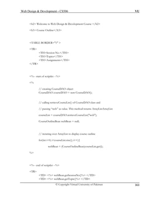 Web Design  Development – CS506 VU 
© Copyright Virtual University of Pakistan 
363 
h2 Welcome to Web Design  Development Course /h2 
TABLE BORDER=1  
TR 
THSession No./TH 
THTopics/TH 
THAssignments/TH 
/TR 
%-- start of scriptlet --% 
% 
// creating CourseDAO object 
CourseDAO courseDAO = new CourseDAO(); 
// calling retrieveCourseList() of CourseDAO class and 
// passing “web” as value. This method returns ArrayListArrayList 
courseList = courseDAO.retrieveCourseList(web); 
CourseOutlineBean webBean = null; 
for(int i=0; icourseList.size(); i++){ 
ean = (CourseOutlineBean)courseList.get(i); 
tlet --% 
T 
TD %= webBean.getSessionNo()% /TD 
TD %= webBean.getTopic()% /TD 
h3 Course Outline/h3 
// iterating over ArrayList to display course outline 
webB% 
%-- end of scripR  