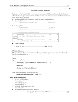Web Design  Development – CS506 VU 
© Copyright Virtual University of Pakistan 
367 
Lesson 37 
JSP Action Elements and Scope 
T 
wc 
Let’s first quic n the JSP journey to find out where we have reached. 
ƒ Directive Elements 
– Provides global control of JSP ……..…………….. %@ % 
ƒ Scripting Elements 
– JSP comments ……………………………………... %----% 
– declarations ……………………………………... %! % 
ƒ Used to declare instance variables  methods 
ƒ Action Elements 
– Special JSP tags ……..…………………………….. jsp: .…. / 
JSP Action Elements 
JSP action elements allow us to work with JavaBeans, to include pages at request time and to forward 
requests to other resources etc. 
dy body 
-Closing tag /jsp:actionElement 
Some JSP Action Elements 
ƒ To work with JavaBeans 
-jsp:useBean / 
he journey we had started of JSP is very much covered except of JSP action elements. In this handout, e’ll study the use of JSP action elements. Further also learn how and where to store JavaBean objects that an be shared among JSP pages. kly look o 
Format Expressed using XML syntax -Opening tag jsp:actionElement attribute=”value” …..  
-Bo 
Empty tags (without body) can also be used like jsp:actionElement attribute=”value” …..  
-jsp:setProperty / -jsp:getProperty / 
ƒ To include resources at request time -jsp:include / ƒ To forward request to another JSP or Servlet  