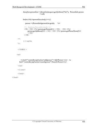Web Design  Development – CS506 VU 
© Copyright Virtual University of Pakistan 426 
ArrayList personList = (ArrayList)request.getAttribute(list); PersonInfo person 
= null; 
{ 
%-- displaying PersonInfo details--% 
TR TD %= person.getName()% /TD TD %= 
/TD TD %= person.getPhoneNum()% 
/TR 
% 
} // end for 
h4 
a href=controller.jsp?action=addperson Add Person /a a 
href=controller.jsp?action=searchpersonSearch Person/a 
/h4 
/c enter 
/body 
/h 
for(int i=0; ipersonList.size(); i++) 
person = (PersonInfo)personList.get(i); % 
person.getAddress()% /TD 
% 
/TABLE  
tml  
