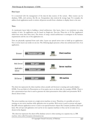 Web Design  Development – CS506 VU 
© Copyright Virtual University of Pakistan 437 
Data Layer 
is concerned with the management of the data  data sources of the system. Data sources can be 
database, XML, web services, flat file etc. Encapsulates data retrieval  storage logic For example, the 
address book application needs to retrieve all person records from a database to display them to the user. 
Tiers 
As mentioned, layers help in building a tiered architecture. Like layers, there is no restriction on using 
er of tiers. An application can be based on Single-tier, Two-tier, Three-tier or N-Tier (application 
hich have more than three tiers). The choice of using a tiered architecture is contingent to the business 
requirements and the size of the application etc. 
Tiers are physically separated from each other. Layers are spread across tiers to build up an application. 
Two or more layers can reside on one tier. The following figure presents a three-tier architectural view of an 
application. 
The client tier represents the client machine where actually web browser is running and usually displays 
HTML. You can think of a Presentation as of two parts; one is on client side, for example, HTML. There is 
lso a presentation layer that is used to generate the client presentation often called server presentation. We’ll 
discuss about it later. 
The server machine can consist on a single server machine or more. Therefore, it is possible web server is 
running on one server machine while application server on another. Web server is used to execute web pages 
The client tier represents the client mThe database server is often running on a separate tier, i.e. DB 
machine often called Enterprise information tier. 
It 
numbw 
Presentation Layer 
EIS Layer 
a 
like JSPs whereas application server is used to run special business objects like Enterprise JavaBeans (discussed later). The web layer and applications server can be on two separate machines or they can be on same tier as shown in the diagram 
 