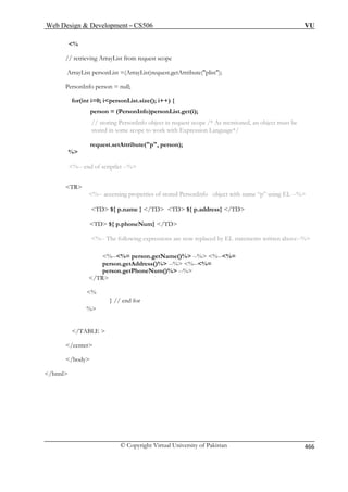 Web Design  Development – CS506 VU 
% 
// retrieving ArrayList from request scope 
ArrayList personList =(ArrayList)request.getAttribute(plist); 
=0; ipersonList.size(); i++) { 
person = (PersonInfo)personList.get(i); 
// storing PersonInfo object in request scope /* As mentioned, an object must be 
ome scope to work with Expression Language*/ 
request.setAttribute(p, person); 
% 
%-- accessing properties of stored PersonInfo object with name “p” using EL --% 
/TD 
TD ${ p.phoneNum} /TD 
%-- The following expressions are now replaced by EL statements written above--% 
%--%= person.getName()% --% %--%= 
person.getAddress()% --% %--%= 
 
% 
/body 
PersonInfo person = null; 
for(int i 
stored in s 
%-- end of scriptlet --% 
TR 
TD ${ p.name } /TD TD ${ p.address} 
person.getPhoneNum()% --% /TR % 
} // end for 
/TABLE  
/center 
/html 
© Copyright Virtual University of Pakistan 466 
 