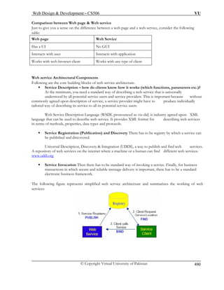 Web Design  Development – CS506 VU 
© Copyright Virtual University of Pakistan 
490 
Comparison between Web page  Web service 
Just to give you a sense on the difference between a web page and a web service, consider the following table: 
Web page Web Service 
Has a UI No GUI 
Interacts with user Interacts with application 
Works with web browser client Works with any type of client 
Web service Architectural Components 
Following are the core building blocks of web service architecture. 
ƒ Service Description – how do clients know how it works (which functions, parameters etc.)? 
At the minimum, you need a standard way of describing a web service that is universally 
understood by all potential service users and service providers. This is important because without 
commonly agreed upon description of service, a service provider might have to produce individually 
tailored way of describing its service to all its potential service users. 
Web Service Description Language (WSDL pronounced as viz-dal) is industry agreed upon XML 
language that can be used to describe web service. It provides XML format for describing web services 
in terms of methods, properties, data types and protocols. 
ƒ Service Registration (Publication) and Discovery There has to be registry by which a service can 
be published and discovered. 
Universal Description, Discovery  Integration (UDDI), a way to publish and find web services. 
A repository of web services on the internet where a machine or a human can find different web services. 
TUwww.uddi.orgUT 
ƒ Service Invocation Then there has to be standard way of invoking a service. Finally, for business transactions in which secure and reliable message delivery is important, there has to be a standard 
electronic business framework. 
The following figure represents simplified web service architecture and summarizes the working of web 
services: 
 