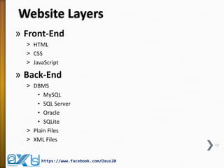 Website Layers 
»Front-End 
˃HTML 
˃CSS 
˃JavaScript 
»Back-End 
˃DBMS 
•MySQL 
•SQL Server 
•Oracle 
•SQLite 
˃Plain Files 
˃XML Files 
15 
https://www.facebook.com/Oxus20  