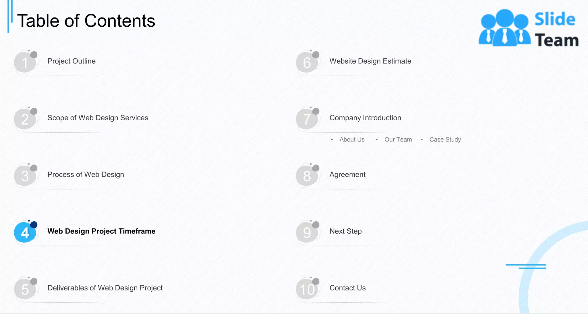 Table of Contents
10
1 Project Outline
6 Website Design Estimate
3 Process of Web Design
8 Agreement
4 Web Design Project Timeframe
9 Next Step
5 Deliverables of Web Design Project
10 Contact Us
2 Scope of Web Design Services
7 Company Introduction
• About Us • Our Team • Case Study
 
