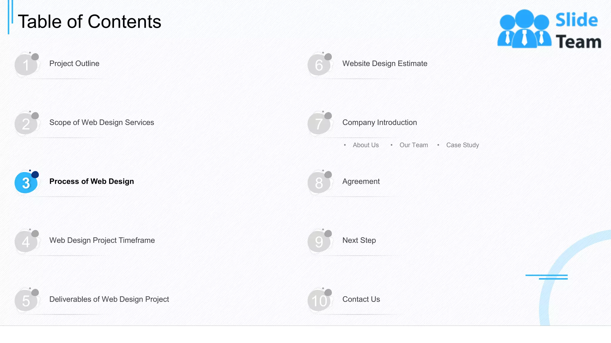 Table of Contents
8
1 Project Outline
6 Website Design Estimate
3 Process of Web Design
8 Agreement
4 Web Design Project Timeframe
9 Next Step
5 Deliverables of Web Design Project
10 Contact Us
2 Scope of Web Design Services
7 Company Introduction
• About Us • Our Team • Case Study
 