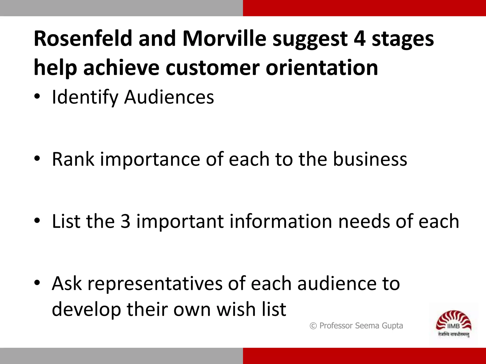 Rosenfeld and Morville suggest 4 stages
help achieve customer orientation
• Identify Audiences
• Rank importance of each to the business
• List the 3 important information needs of each
• Ask representatives of each audience to
develop their own wish list
© Professor Seema Gupta
 