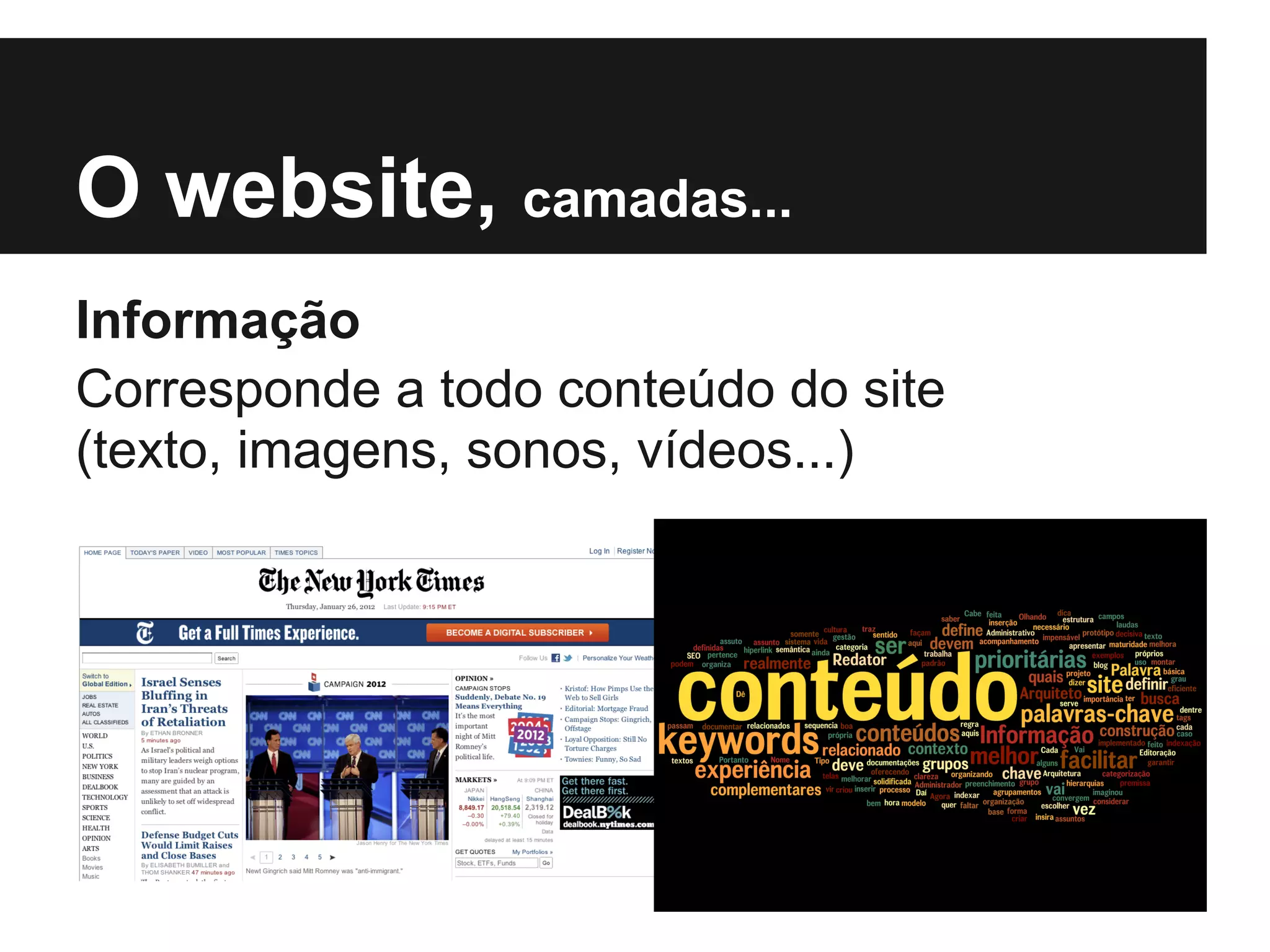 O website, camadas...
Informação
Corresponde a todo conteúdo do site
(texto, imagens, sonos, vídeos...)
 