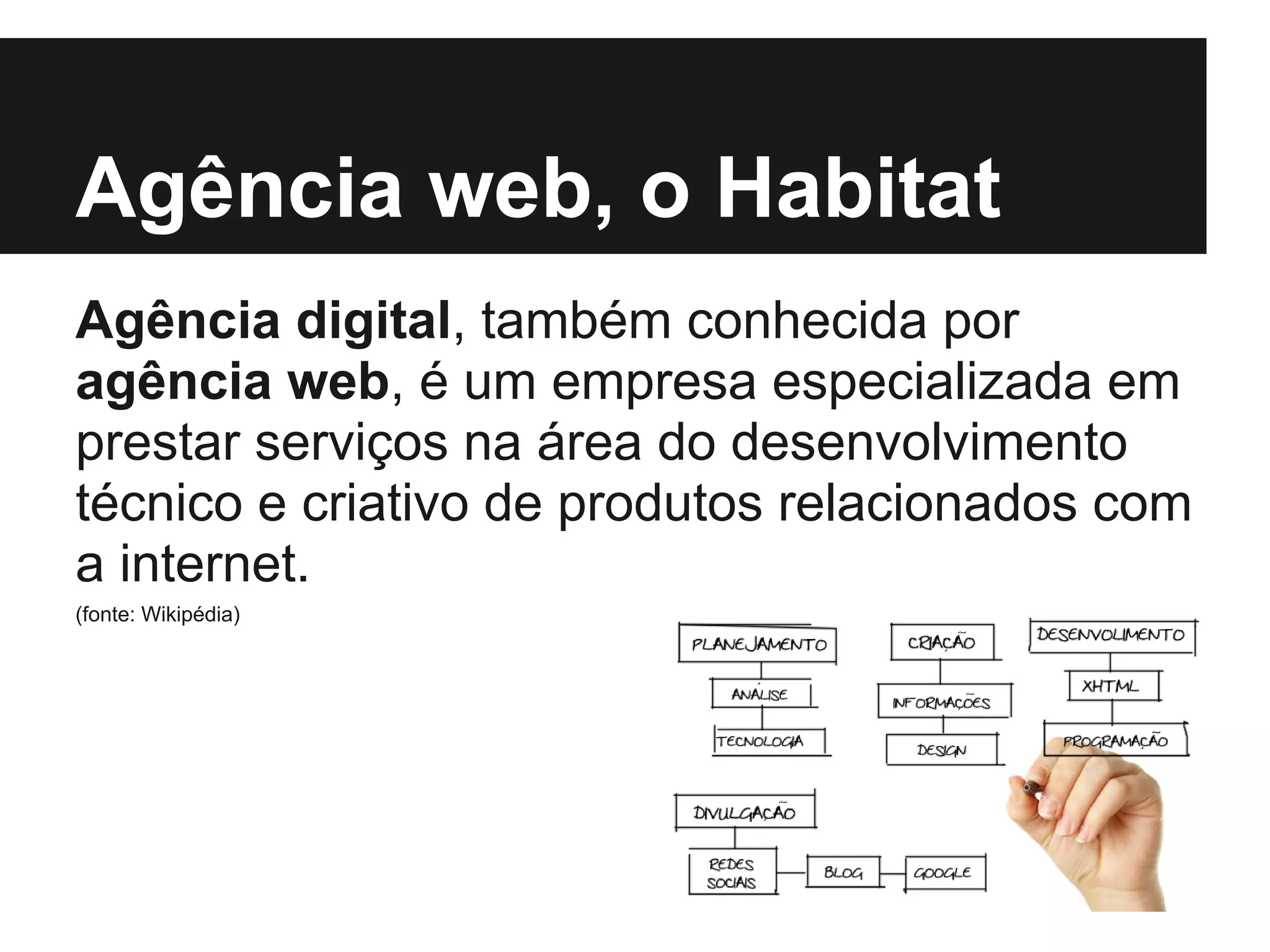 Agência web, o Habitat
Agência digital, também conhecida por
agência web, é um empresa especializada em
prestar serviços na área do desenvolvimento
técnico e criativo de produtos relacionados com
a internet.
(fonte: Wikipédia)
 