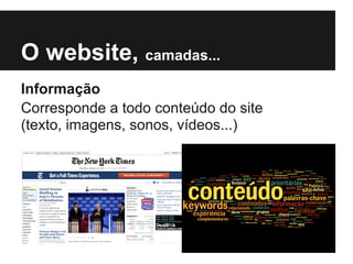 O website, camadas...
Informação
Corresponde a todo conteúdo do site
(texto, imagens, sonos, vídeos...)
 