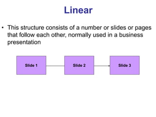 Linear
• This structure consists of a number or slides or pages
that follow each other, normally used in a business
presentation
Slide 1 Slide 2 Slide 3
 