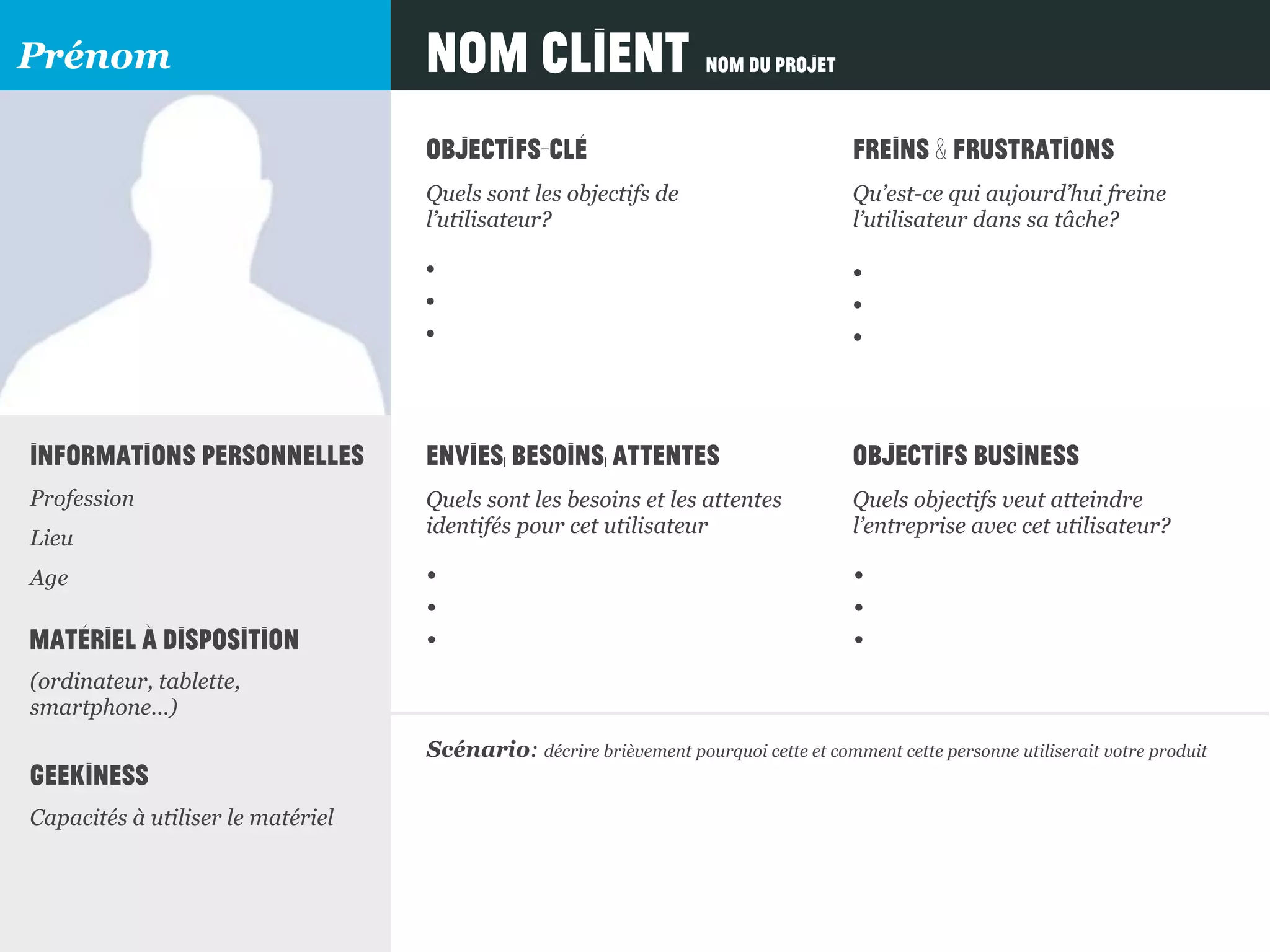objectifs-clé
Quels sont les objectifs de
l’utilisateur?
Envies, besoins, attentes
Quels sont les besoins et les attentes
identifés pour cet utilisateur
objectifs business
Quels objectifs veut atteindre
l’entreprise avec cet utilisateur?
freins & frustrations
Qu’est-ce qui aujourd’hui freine
l’utilisateur dans sa tâche?
•
•
•
•
•
•Matériel à disposition
informations personnelles
Profession
Lieu
Age
(ordinateur, tablette,
smartphone...)
•
•
•
•
•
•
Nom client nom du projetPrénom
geekiness
Capacités à utiliser le matériel
Scénario: décrire brièvement pourquoi cette et comment cette personne utiliserait votre produit
 