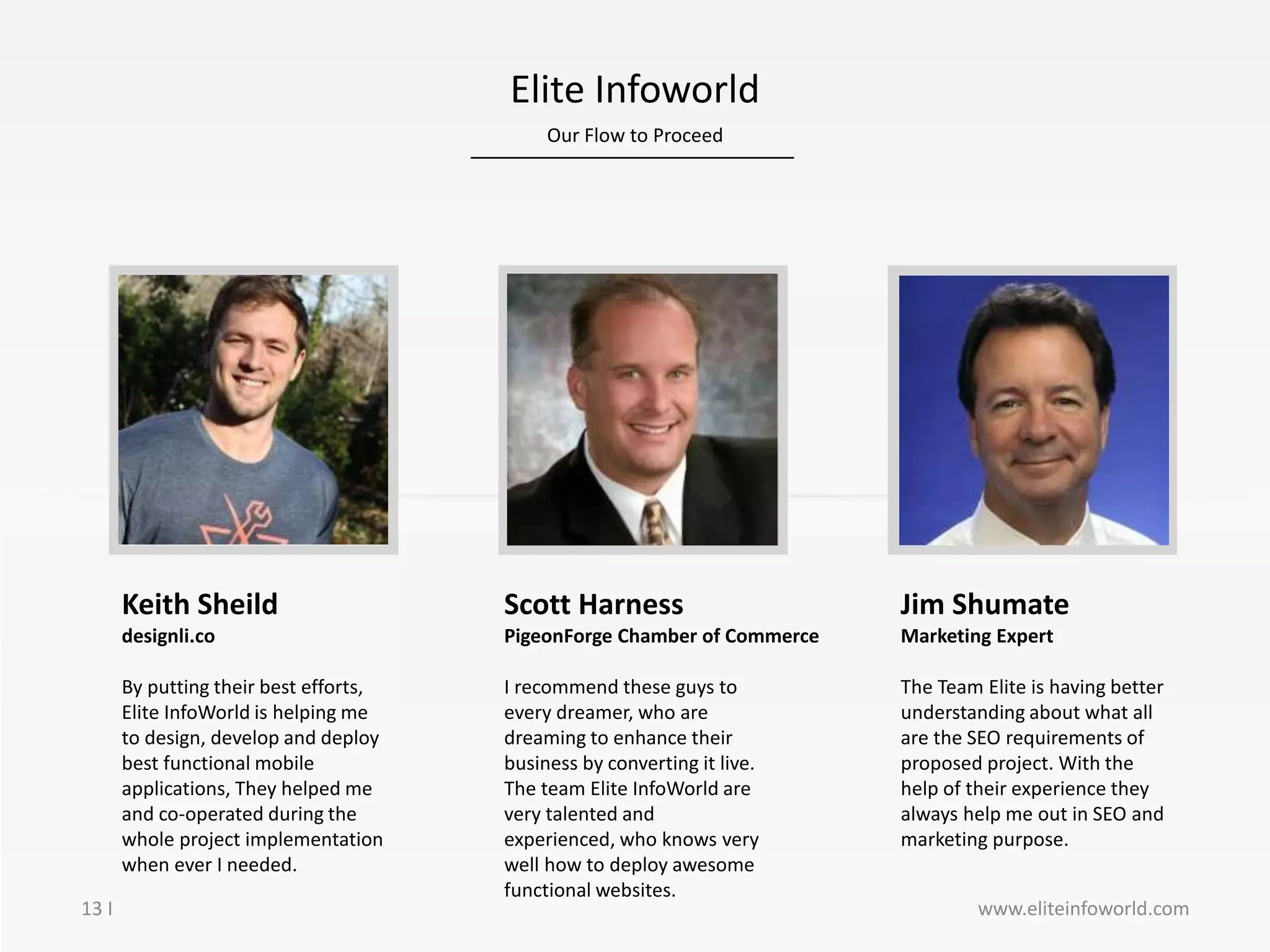 Our Flow to Proceed
13 I
Elite Infoworld
www.eliteinfoworld.com
By putting their best efforts,
Elite InfoWorld is helping me
to design, develop and deploy
best functional mobile
applications, They helped me
and co-operated during the
whole project implementation
when ever I needed.
I recommend these guys to
every dreamer, who are
dreaming to enhance their
business by converting it live.
The team Elite InfoWorld are
very talented and
experienced, who knows very
well how to deploy awesome
functional websites.
The Team Elite is having better
understanding about what all
are the SEO requirements of
proposed project. With the
help of their experience they
always help me out in SEO and
marketing purpose.
Keith Sheild
designli.co
Scott Harness
PigeonForge Chamber of Commerce
Jim Shumate
Marketing Expert
 