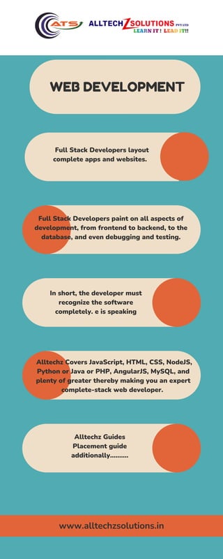 WEB DEVELOPMENT
www.alltechzsolutions.in
Full Stack Developers layout
complete apps and websites.
Full Stack Developers paint on all aspects of
development, from frontend to backend, to the
database, and even debugging and testing.
In short, the developer must
recognize the software
completely. e is speaking
Alltechz Covers JavaScript, HTML, CSS, NodeJS,
Python or Java or PHP, AngularJS, MySQL, and
plenty of greater thereby making you an expert
complete-stack web developer.
Alltechz Guides
Placement guide
additionally..........
 
