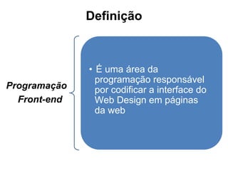 Definição
Programação
Front-end
• É uma área da
programação responsável
por codificar a interface do
Web Design em páginas
da web
 