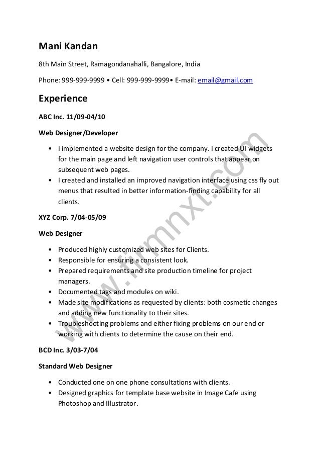 web designer sample resume web designer sample resumes