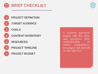 1
3
4
5
6
7
PROJECT DEFINITION
TARGET AUDIENCE
GOALS
CONTENT INVENTORY
RESOURCES
PROJECT TIMELINE
PROJECT BUDGET
2
BRIEF CHECKLIST
A systems approach
begins with the clear
task questions. With
understanding of
clients’ expectations,
the project will start off
on the right foot .
 