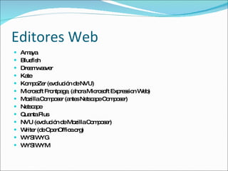 Editores Web Amaya Bluefish Dreamweaver Kate KompoZer (evolución de NVU) Microsoft Frontpage, (ahora Microsoft Expression Web) Mozilla Composer (antes Netscape Composer) Netscape Quanta Plus NVU (evolución de Mozilla Composer) Writer (de OpenOffice.org) WYSIWYG WYSIWYM 