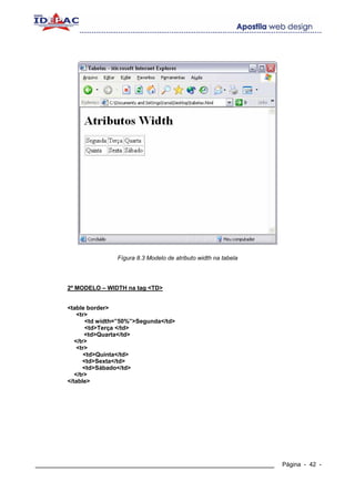 Fígura 8.3 Modelo de atributo width na tabela




        2º MODELO – WIDTH na tag <TD>


        <table border>
            <tr>
                <td width=”50%”>Segunda</td>
                <td>Terça </td>
               <td>Quarta</td>
           </tr>
            <tr>
               <td>Quinta</td>
               <td>Sexta</td>
               <td>Sábado</td>
           </tr>
        </table>




____________________________________________________________            Página - 42 -
 