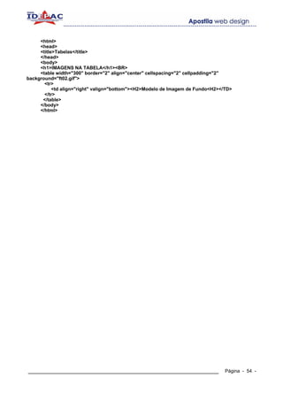 <html>
     <head>
     <title>Tabelas</title>
     </head>
     <body>
     <h1>IMAGENS NA TABELA</h1><BR>
     <table width="300" border="2" align="center" cellspacing="2" cellpadding="2"
background="ft02.gif">
       <tr>
           <td align="right" valign="bottom"><H2>Modelo de Imagem de Fundo<H2></TD>
       </tr>
      </table>
     </body>
     </html>




____________________________________________________________                    Página - 54 -
 