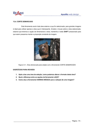 13.4. CORTE DEMARCADO


           Esta ferramenta exclui toda área externa a que for selecionada, para grandes imagens
é ideal para utilizar apenas a área que é interessante. Arraste o mouse sobre a área selecionada,
observe que teremos a opção de dimensionar a área, mantenha o botão SHIFT pressionado para
que assim possamos manter a proporção constante da imagem.




       Figura 3.4 – Área demarcada para edição com a ferramenta CORTE DEMARCADO


EXERCÍCIOS PARA REVISÂO


   1. Após crias uma área de seleção, como podemos alterar o formato desta área?
   2. Qual a diferença entre as opções da ferramenta LAÇO?
   3. Como atua a ferramenta VARINHA MÁGICA para a seleção de uma imagem?




______________________________________________________________ Página - 73 -
 