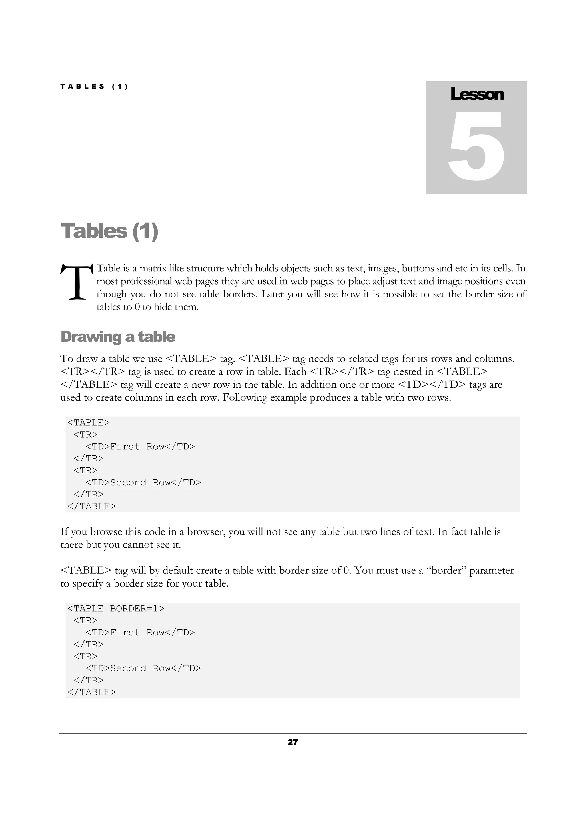 T A B L E S ( 1 )
27272727
Tables (1)
Table is a matrix like structure which holds objects such as text, images, buttons and etc in its cells. In
most professional web pages they are used in web pages to place adjust text and image positions even
though you do not see table borders. Later you will see how it is possible to set the border size of
tables to 0 to hide them.
Drawing a table
To draw a table we use <TABLE> tag. <TABLE> tag needs to related tags for its rows and columns.
<TR></TR> tag is used to create a row in table. Each <TR></TR> tag nested in <TABLE>
</TABLE> tag will create a new row in the table. In addition one or more <TD></TD> tags are
used to create columns in each row. Following example produces a table with two rows.
<TABLE>
<TR>
<TD>First Row</TD>
</TR>
<TR>
<TD>Second Row</TD>
</TR>
</TABLE>
If you browse this code in a browser, you will not see any table but two lines of text. In fact table is
there but you cannot see it.
<TABLE> tag will by default create a table with border size of 0. You must use a “border” parameter
to specify a border size for your table.
<TABLE BORDER=1>
<TR>
<TD>First Row</TD>
</TR>
<TR>
<TD>Second Row</TD>
</TR>
</TABLE>
Lesson
5
T
 