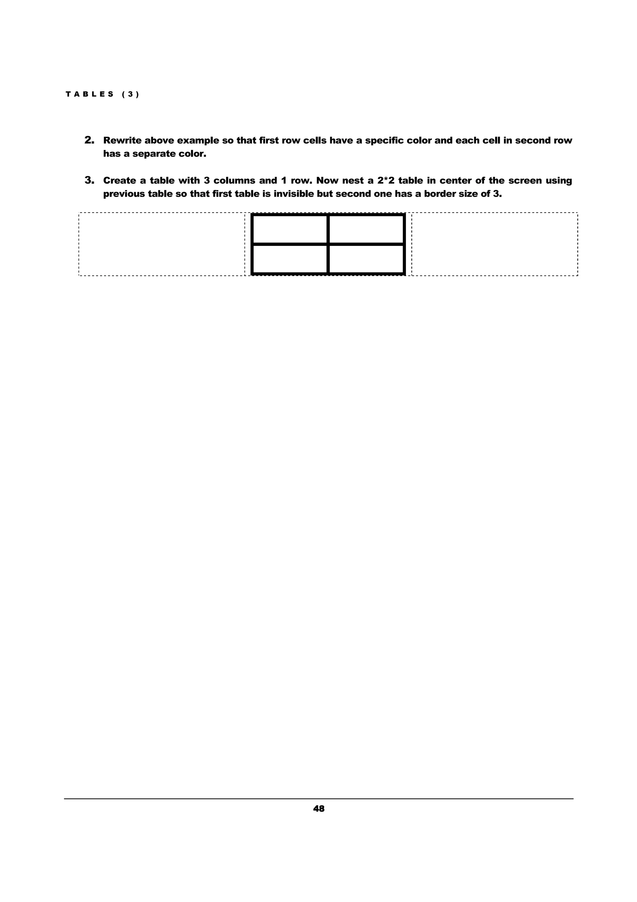 T A B L E S ( 3 )
48484848
2. Rewrite above example so that first row cells have a specific color and each cell in second row
has a separate color.
3. Create a table with 3 columns and 1 row. Now nest a 2*2 table in center of the screen using
previous table so that first table is invisible but second one has a border size of 3.
 
