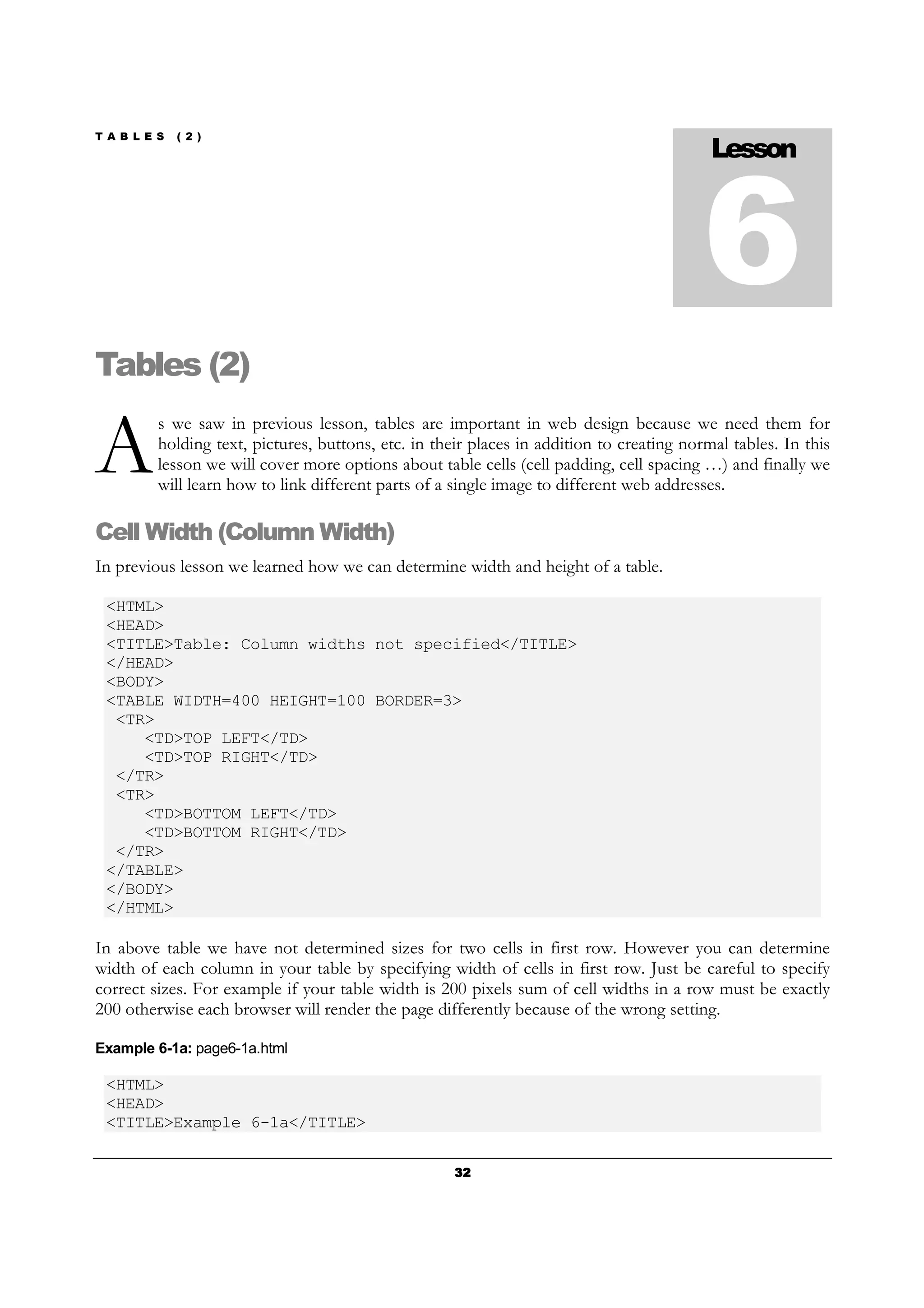 T A B L E S ( 2 )
32323232
Tables (2)
s we saw in previous lesson, tables are important in web design because we need them for
holding text, pictures, buttons, etc. in their places in addition to creating normal tables. In this
lesson we will cover more options about table cells (cell padding, cell spacing …) and finally we
will learn how to link different parts of a single image to different web addresses.
Cell Width (Column Width)
In previous lesson we learned how we can determine width and height of a table.
<HTML>
<HEAD>
<TITLE>Table: Column widths not specified</TITLE>
</HEAD>
<BODY>
<TABLE WIDTH=400 HEIGHT=100 BORDER=3>
<TR>
<TD>TOP LEFT</TD>
<TD>TOP RIGHT</TD>
</TR>
<TR>
<TD>BOTTOM LEFT</TD>
<TD>BOTTOM RIGHT</TD>
</TR>
</TABLE>
</BODY>
</HTML>
In above table we have not determined sizes for two cells in first row. However you can determine
width of each column in your table by specifying width of cells in first row. Just be careful to specify
correct sizes. For example if your table width is 200 pixels sum of cell widths in a row must be exactly
200 otherwise each browser will render the page differently because of the wrong setting.
Example 6-1a: page6-1a.html
<HTML>
<HEAD>
<TITLE>Example 6-1a</TITLE>
Lesson
6
A
 