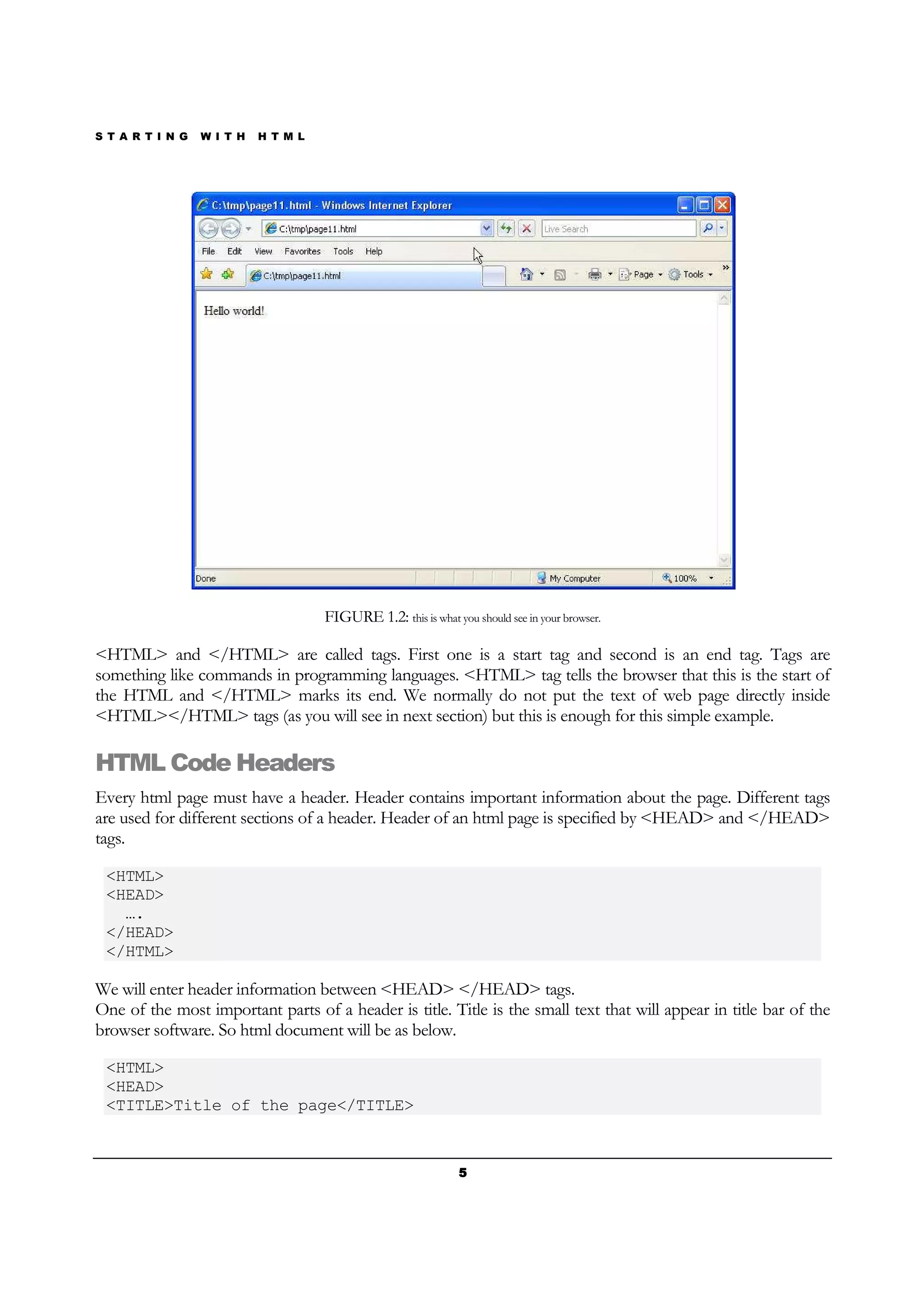 S T A R T I N G W I T H H T M L
5555
FIGURE 1.2: this is what you should see in your browser.
<HTML> and </HTML> are called tags. First one is a start tag and second is an end tag. Tags are
something like commands in programming languages. <HTML> tag tells the browser that this is the start of
the HTML and </HTML> marks its end. We normally do not put the text of web page directly inside
<HTML></HTML> tags (as you will see in next section) but this is enough for this simple example.
HTML Code Headers
Every html page must have a header. Header contains important information about the page. Different tags
are used for different sections of a header. Header of an html page is specified by <HEAD> and </HEAD>
tags.
<HTML>
<HEAD>
….
</HEAD>
</HTML>
We will enter header information between <HEAD> </HEAD> tags.
One of the most important parts of a header is title. Title is the small text that will appear in title bar of the
browser software. So html document will be as below.
<HTML>
<HEAD>
<TITLE>Title of the page</TITLE>
 