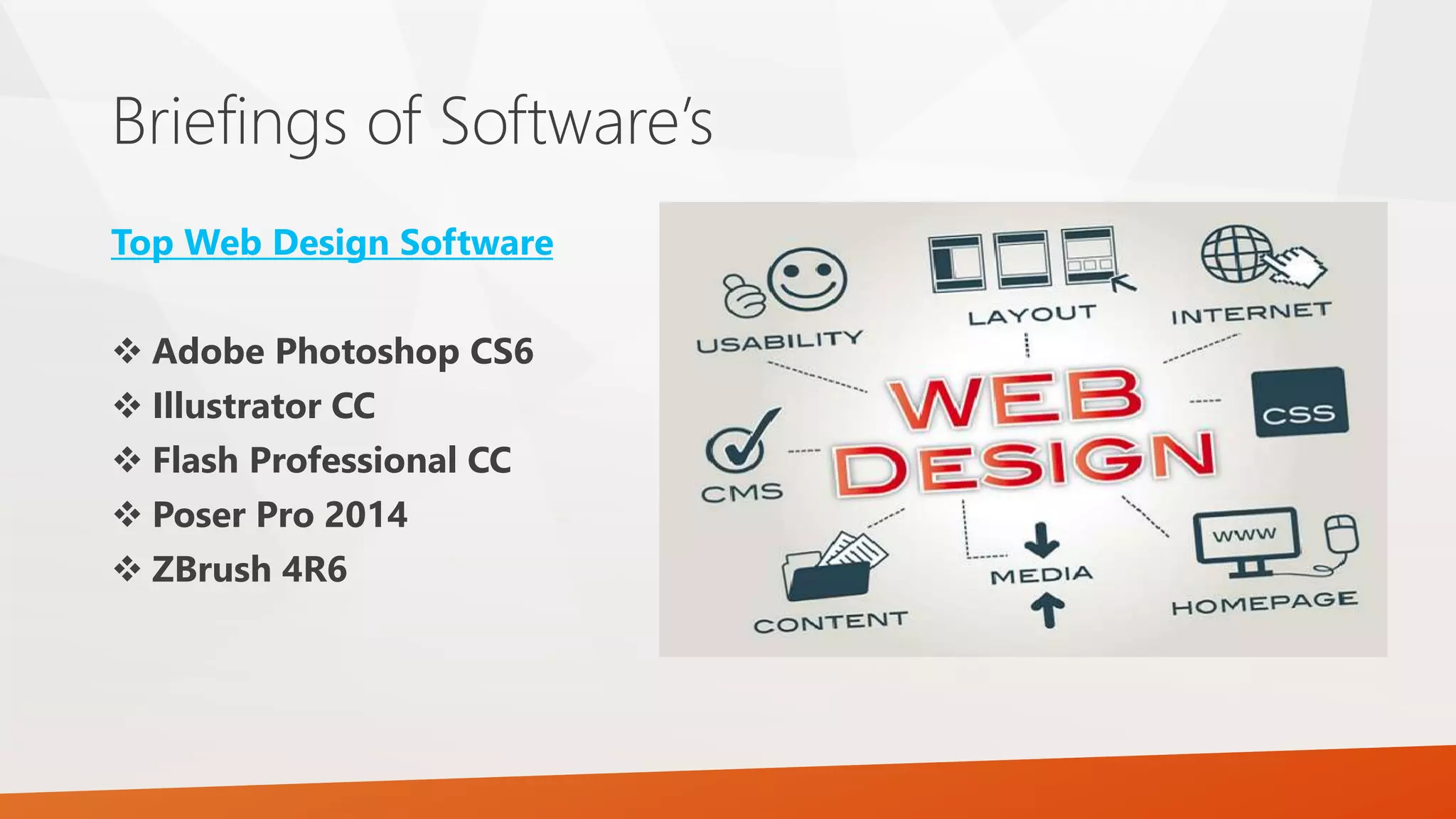 Briefings of Software’s
Top Web Design Software
 Adobe Photoshop CS6
 Illustrator CC
 Flash Professional CC
 Poser Pro 2014
 ZBrush 4R6
 