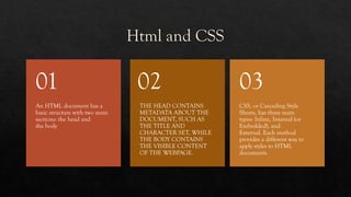 Html and CSS
An HTML document has a
basic structure with two main
sections: the head and
the body
01
THE HEAD CONTAINS
METADATA ABOUT THE
DOCUMENT, SUCH AS
THE TITLE AND
CHARACTER SET, WHILE
THE BODY CONTAINS
THE VISIBLE CONTENT
OF THE WEBPAGE.
02
CSS, or Cascading Style
Sheets, has three main
types: Inline, Internal (or
Embedded), and
External. Each method
provides a different way to
apply styles to HTML
documents.
03
 