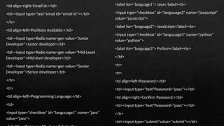 <td align=right>Email id:</td>
<td><input type="text"email id="email id"></td>
</tr>
<td align=left>Positions Available:</td>
<td><input type=Radio name=gen value="Junior
Developer">Junior developer</td>
<td><input type=Radio name=gen value="Mid-Level
Developer">Mid-level developer</td>
<td><input type=Radio name=gen value="Senior
Developer">Senior developer</td>
</tr>
<tr>
<td align=left>Programming Language:</td>
<td>
<input type="checkbox" id="languuage1" name="java"
value="java">
<label for="language1"> Java</label><br>
<input type="checkbox" id="languuage2" name="javascript"
value="javascript">
<label for="language2"> JavaScript</label><br>
<input type="checkbox" id="languuage3" name="python"
value="python">
<label for="language3"> Python</label><br>
</td>
<tr>
<tr>
<td align=left>Password:</td>
<td><input type="text"Password="pass"></td>
<td align=right>Confirm Password:</td>
<td><input type="text"Password="pass"></td>
</tr>
<td><input type="submit"value="submit"></td>
 