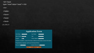 <td><input
type="reset"value="reset"></td>
</tr>
</table>
</form>
</body>
</html>
OUTPUT
 
