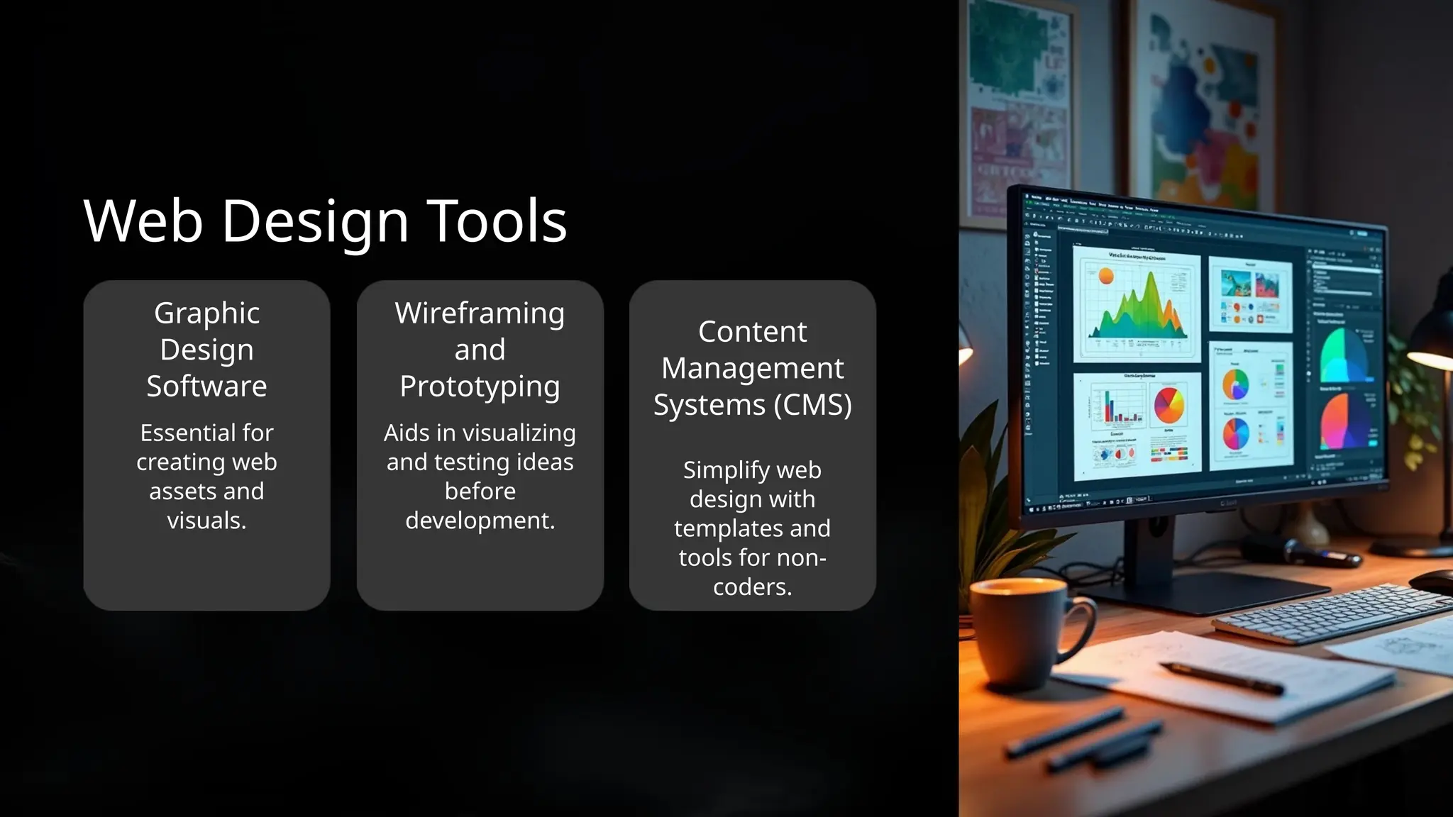 Web Design Tools
Graphic
Design
Software
Aids in visualizing
and testing ideas
before
development.
Simplify web
design with
templates and
tools for non-
coders.
Wireframing
and
Prototyping
Content
Management
Systems (CMS)
Essential for
creating web
assets and
visuals.
 