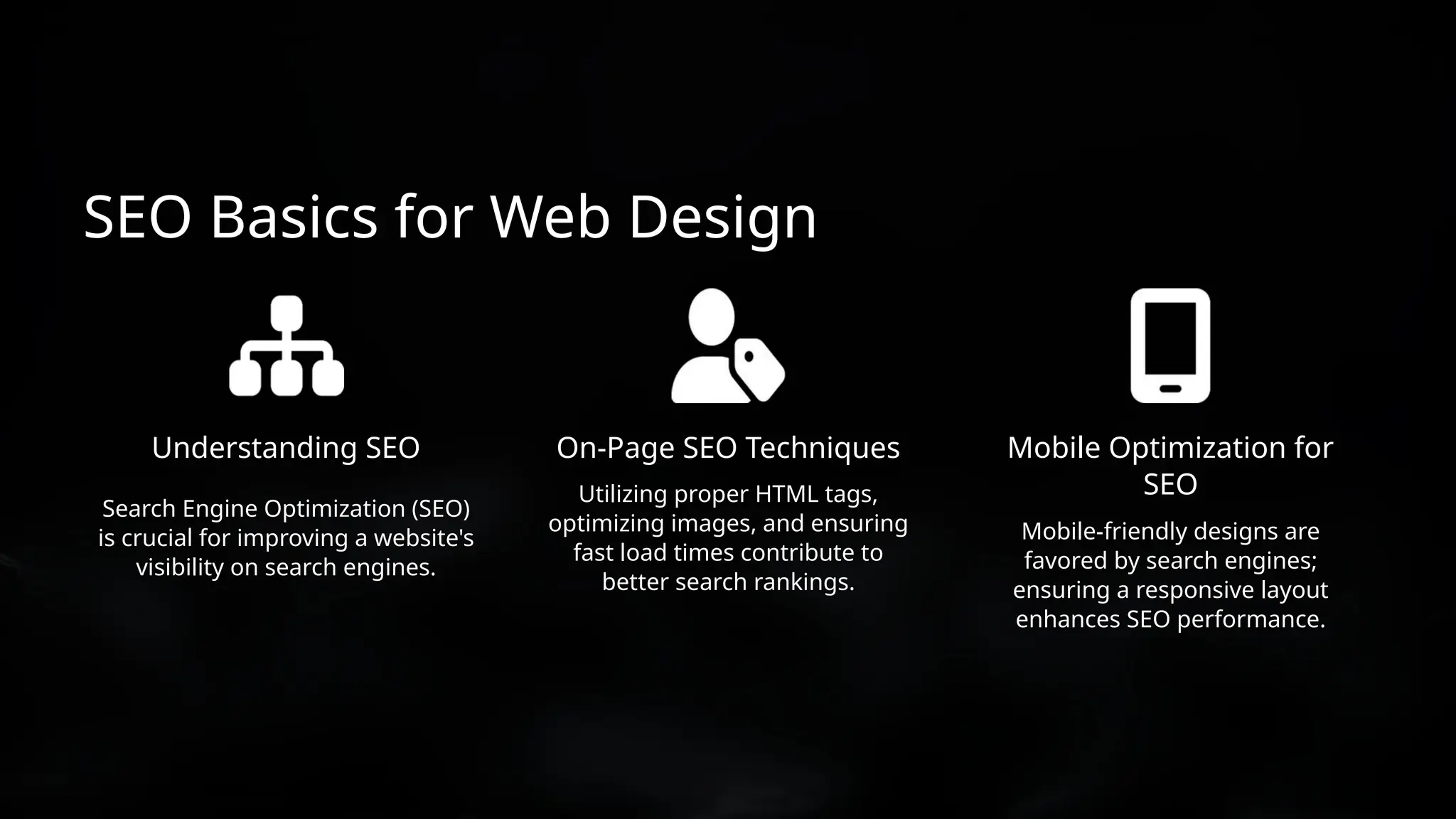 SEO Basics for Web Design
Mobile Optimization for
SEO
Utilizing proper HTML tags,
optimizing images, and ensuring
fast load times contribute to
better search rankings.
On-Page SEO Techniques
Understanding SEO
Mobile-friendly designs are
favored by search engines;
ensuring a responsive layout
enhances SEO performance.
Search Engine Optimization (SEO)
is crucial for improving a website's
visibility on search engines.
 