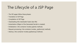 The Lifecycle of a JSP Page
◦ The JSP pages follow these phases:
◦ Translation of JSP Page
◦ Compilation of JSP Page
◦ Classloading (the classloader loads class file)
◦ Instantiation (Object of the Generated Servlet is created).
◦ Initialization ( the container invokes jspInit() method).
◦ Request processing ( the container invokes _jspService() method).
◦ Destroy ( the container invokes jspDestroy() method).
 
