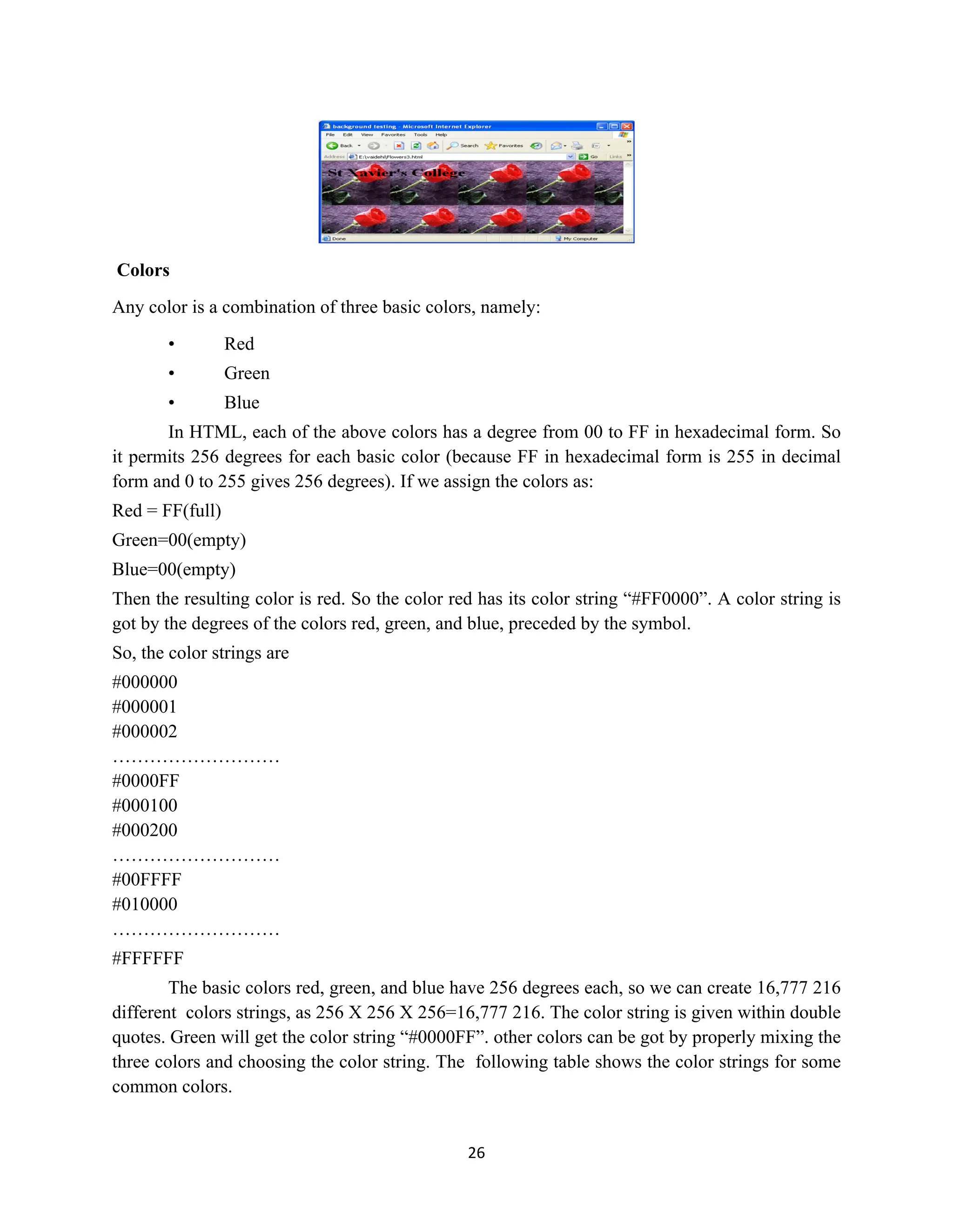 26
Colors
Any color is a combination of three basic colors, namely:
• Red
• Green
• Blue
In HTML, each of the above colors has a degree from 00 to FF in hexadecimal form. So
it permits 256 degrees for each basic color (because FF in hexadecimal form is 255 in decimal
form and 0 to 255 gives 256 degrees). If we assign the colors as:
Red = FF(full)
Green=00(empty)
Blue=00(empty)
Then the resulting color is red. So the color red has its color string “#FF0000”. A color string is
got by the degrees of the colors red, green, and blue, preceded by the symbol.
So, the color strings are
#000000
#000001
#000002
………………………
#0000FF
#000100
#000200
………………………
#00FFFF
#010000
………………………
#FFFFFF
The basic colors red, green, and blue have 256 degrees each, so we can create 16,777 216
different colors strings, as 256 X 256 X 256=16,777 216. The color string is given within double
quotes. Green will get the color string “#0000FF”. other colors can be got by properly mixing the
three colors and choosing the color string. The following table shows the color strings for some
common colors.
 