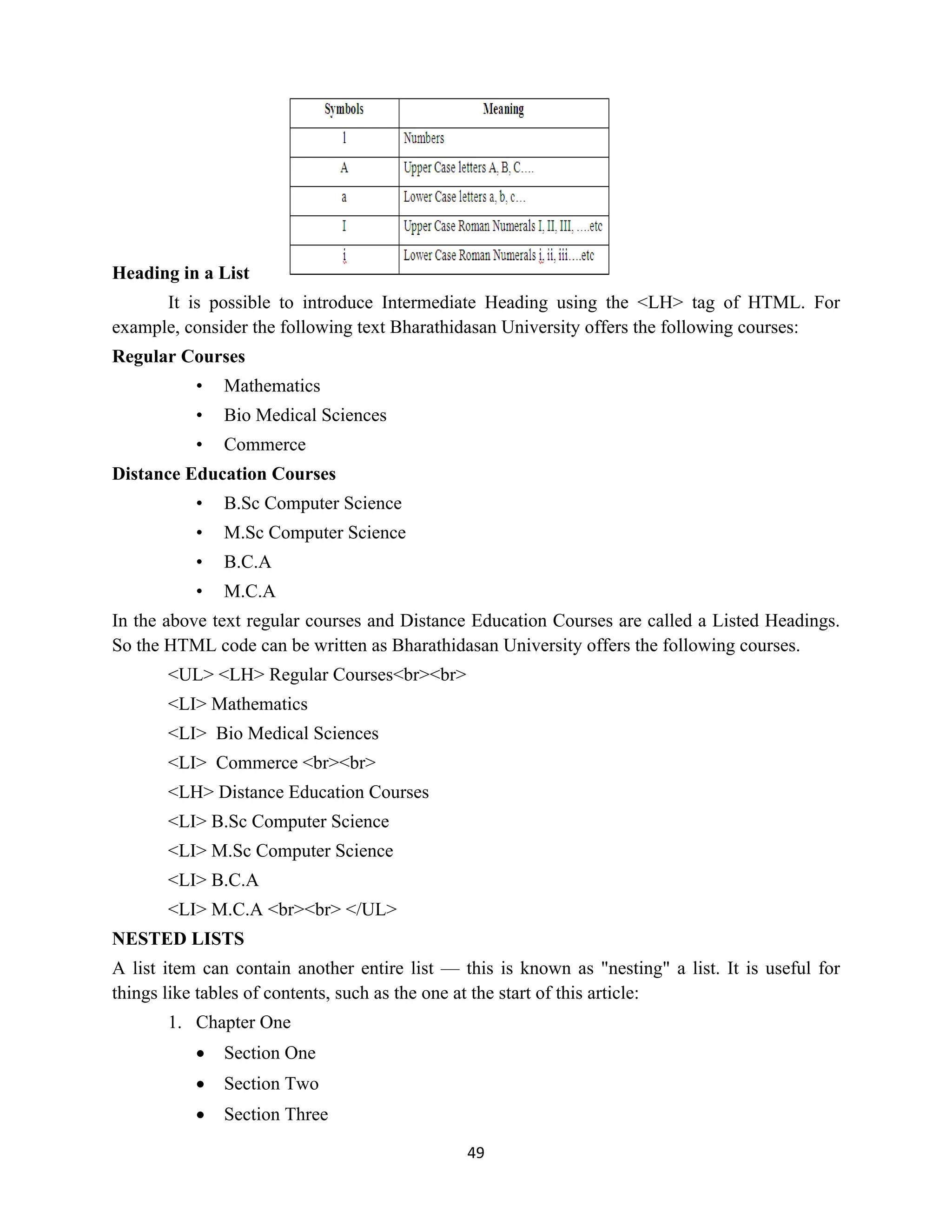 49
Heading in a List
It is possible to introduce Intermediate Heading using the <LH> tag of HTML. For
example, consider the following text Bharathidasan University offers the following courses:
Regular Courses
• Mathematics
• Bio Medical Sciences
• Commerce
Distance Education Courses
• B.Sc Computer Science
• M.Sc Computer Science
• B.C.A
• M.C.A
In the above text regular courses and Distance Education Courses are called a Listed Headings.
So the HTML code can be written as Bharathidasan University offers the following courses.
<UL> <LH> Regular Courses<br><br>
<LI> Mathematics
<LI> Bio Medical Sciences
<LI> Commerce <br><br>
<LH> Distance Education Courses
<LI> B.Sc Computer Science
<LI> M.Sc Computer Science
<LI> B.C.A
<LI> M.C.A <br><br> </UL>
NESTED LISTS
A list item can contain another entire list — this is known as "nesting" a list. It is useful for
things like tables of contents, such as the one at the start of this article:
1. Chapter One
 Section One
 Section Two
 Section Three
 