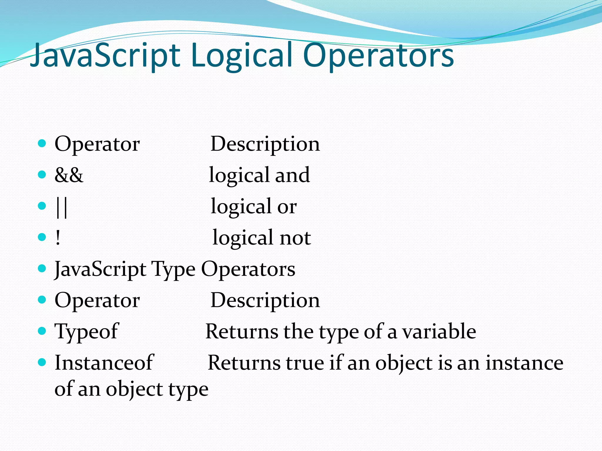 JavaScript Logical Operators
 Operator Description
 && logical and
 || logical or
 ! logical not
 JavaScript Type Operators
 Operator Description
 Typeof Returns the type of a variable
 Instanceof Returns true if an object is an instance
of an object type
 