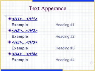 Text Apperance <H1>...</H1> Example Heading #1 <H2>...</H2> Example Heading #2 <H3>...</H3> Example Heading #3 <H4>...</H4> Example Heading #4 