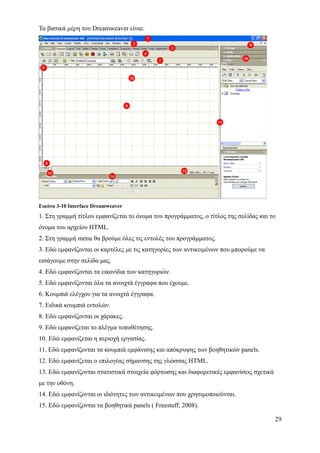 Τα βασικά μέρη του Dreamweaver είναι:




Εικόνα 3-10 Interface Dreamweaver
1. Στη γραμμή τίτλου εμφανίζεται το όνομα του προγράμματος, ο τίτλος της σελίδας και το
όνομα του αρχείου HTML.
2. Στη γραμμή menu θα βρούμε όλες τις εντολές του προγράμματος.
3. Εδώ εμφανίζονται οι καρτέλες με τις κατηγορίες των αντικειμένων που μπορούμε να
εισάγουμε στην σελίδα μας.
4. Εδώ εμφανίζονται τα εικονίδια των κατηγοριών.
5. Εδώ εμφανίζονται όλα τα ανοιχτά έγγραφα που έχουμε.
6. Κουμπιά ελέγχου για τα ανοιχτά έγγραφα.
7. Ειδικά κουμπιά εντολών.
8. Εδώ εμφανίζονται οι χάρακες.
9. Εδώ εμφανίζεται το πλέγμα τοποθέτησης.
10. Εδώ εμφανίζεται η περιοχή εργασίας.
11. Εδώ εμφανίζονται τα κουμπιά εμφάνισης και απόκρυψης των βοηθητικών panels.
12. Εδώ εμφανίζεται ο επιλογέας σήμανσης της γλώσσας HTML.
13. Εδώ εμφανίζονται στατιστικά στοιχεία φόρτωσης και διαφορετικές εμφανίσεις σχετικά
με την οθόνη.
14. Εδώ εμφανίζονται οι ιδιότητες των αντικειμένων που χρησιμοποιούνται.
15. Εδώ εμφανίζονται τα βοηθητικά panels ( Freestuff, 2008).

                                                                                        29
 