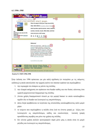 6.1 1996- 1998




Εικόνα 5-1 MSN 1996-1998


Στην έκδοση του 1996 πρόκειται για μία απλή σχεδίαση (εν συγκρίσει με τις επόμενες
εκδόσεις) η οποία αποτελούσε την αρχική εικόνα του internet explorer και περιλαμβάνει:
   1. την κυριαρχία του άσπρου ως φόντο της σελίδας
   2. την ελαφρά απόχρωση του πράσινου στο header καθώς και στο footer, κάνοντας έτσι
       εμφανή αρχιτεκτονικό διαχωρισμό της σελίδας
   3. γίνεται χρήση διαφημιστικού υλικού με την μορφή banner το οποίο καταλαμβάνει
       σχεδόν όλο το header και λειτουργεί ως υπερσύνδεσμος
   4. πάνω δεξιά προβάλλεται το λογότυπο της ιστοσελίδας καταλαμβάνοντας πολύ μικρό
       χώρο
   5. το κείμενο που περιλαμβάνει η σελίδα είναι λιτό σε έντονη γραφή με λέξεις που
       λειτουργούν ως υπερσύνδεσμοι, καθώς και ευκολονόητη                λεκτική γραφή
       προσδίδοντας ακριβώς και μόνο την χρήση της σελίδας
   6. δεν γίνεται χρήση πολλών φωτογραφιών παρά μόνο μίας η οποία είναι σε μικρό
       μέγεθος και λειτουργεί ως υπερσύνδεσμος
                                                                                         57
 