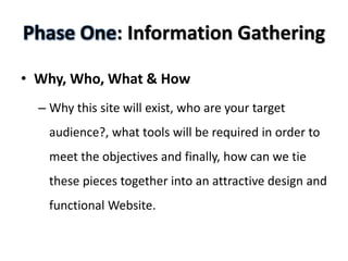 Phase One: Information Gathering

• Why, Who, What & How
  – Why this site will exist, who are your target
    audience?, what tools will be required in order to
    meet the objectives and finally, how can we tie
    these pieces together into an attractive design and
    functional Website.
 