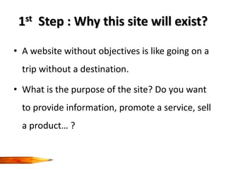 1st Step : Why this site will exist?

• A website without objectives is like going on a
  trip without a destination.

• What is the purpose of the site? Do you want
  to provide information, promote a service, sell
  a product… ?
 