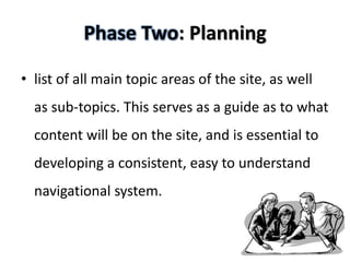 Phase Two: Planning

• list of all main topic areas of the site, as well
  as sub-topics. This serves as a guide as to what
  content will be on the site, and is essential to
  developing a consistent, easy to understand
  navigational system.
 